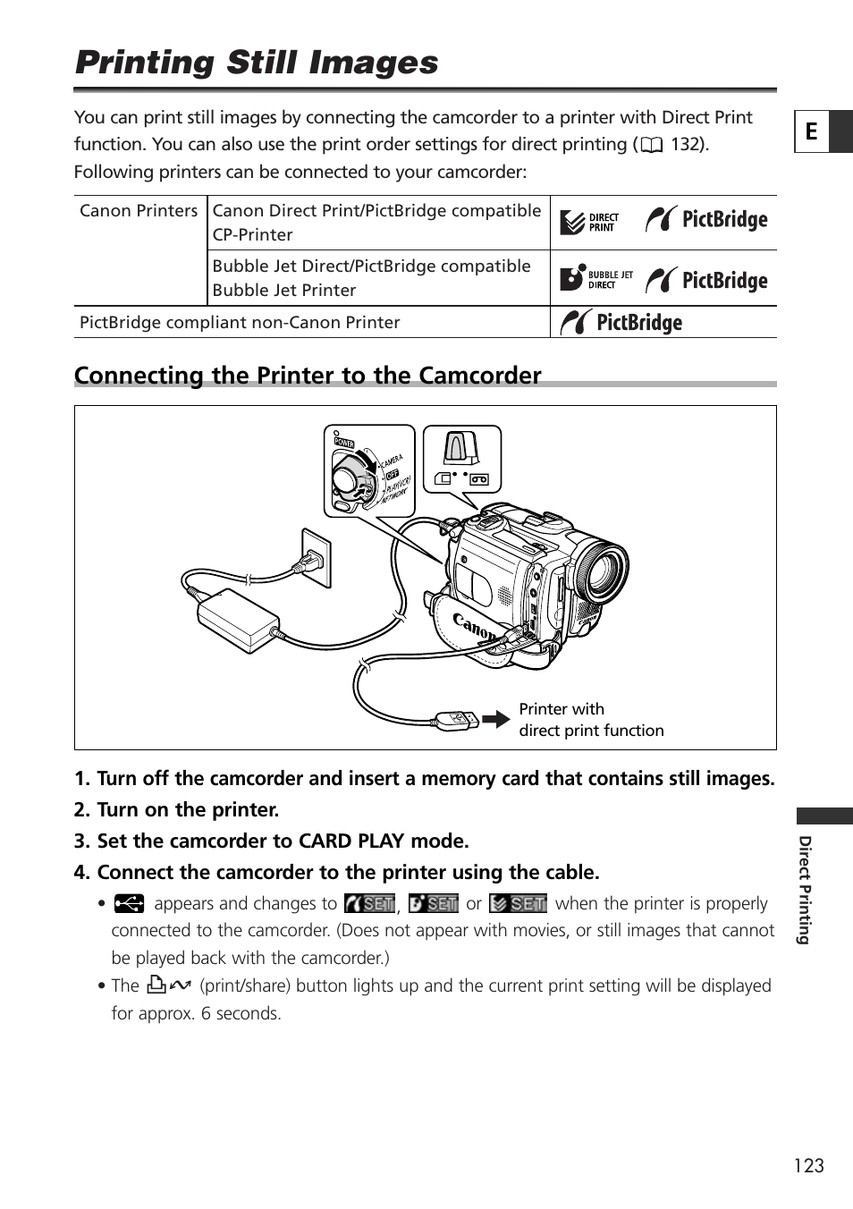 Printing still images, Connecting the printer to the camcorder | U-Line 30 User Manual | Page 123 / 166