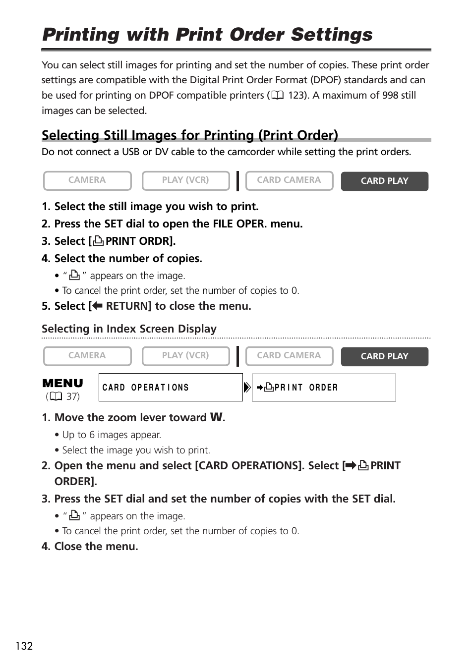 Printing with print order settings, Selecting still images for printing (print order) | U-Line 30 User Manual | Page 132 / 166