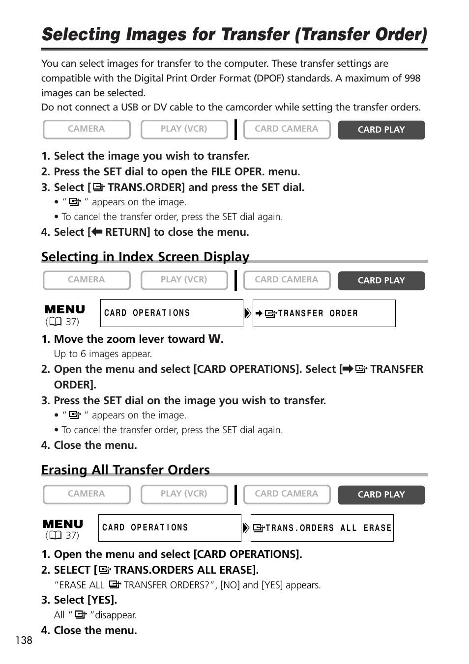 Selecting images for transfer (transfer order), Selecting in index screen display, Erasing all transfer orders | U-Line 30 User Manual | Page 138 / 166