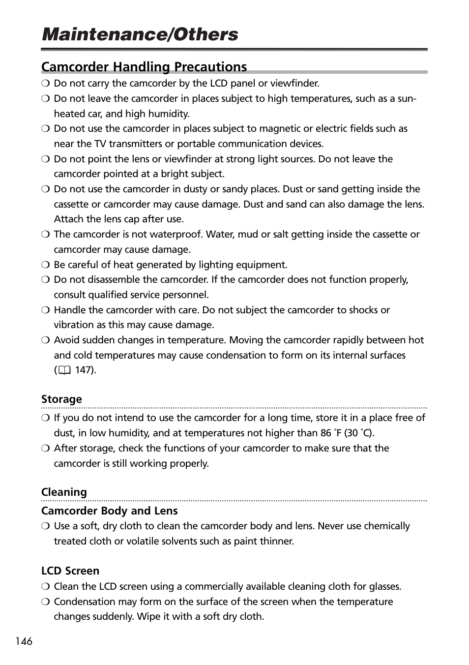 Maintenance/others, Camcorder handling precautions | U-Line 30 User Manual | Page 146 / 166