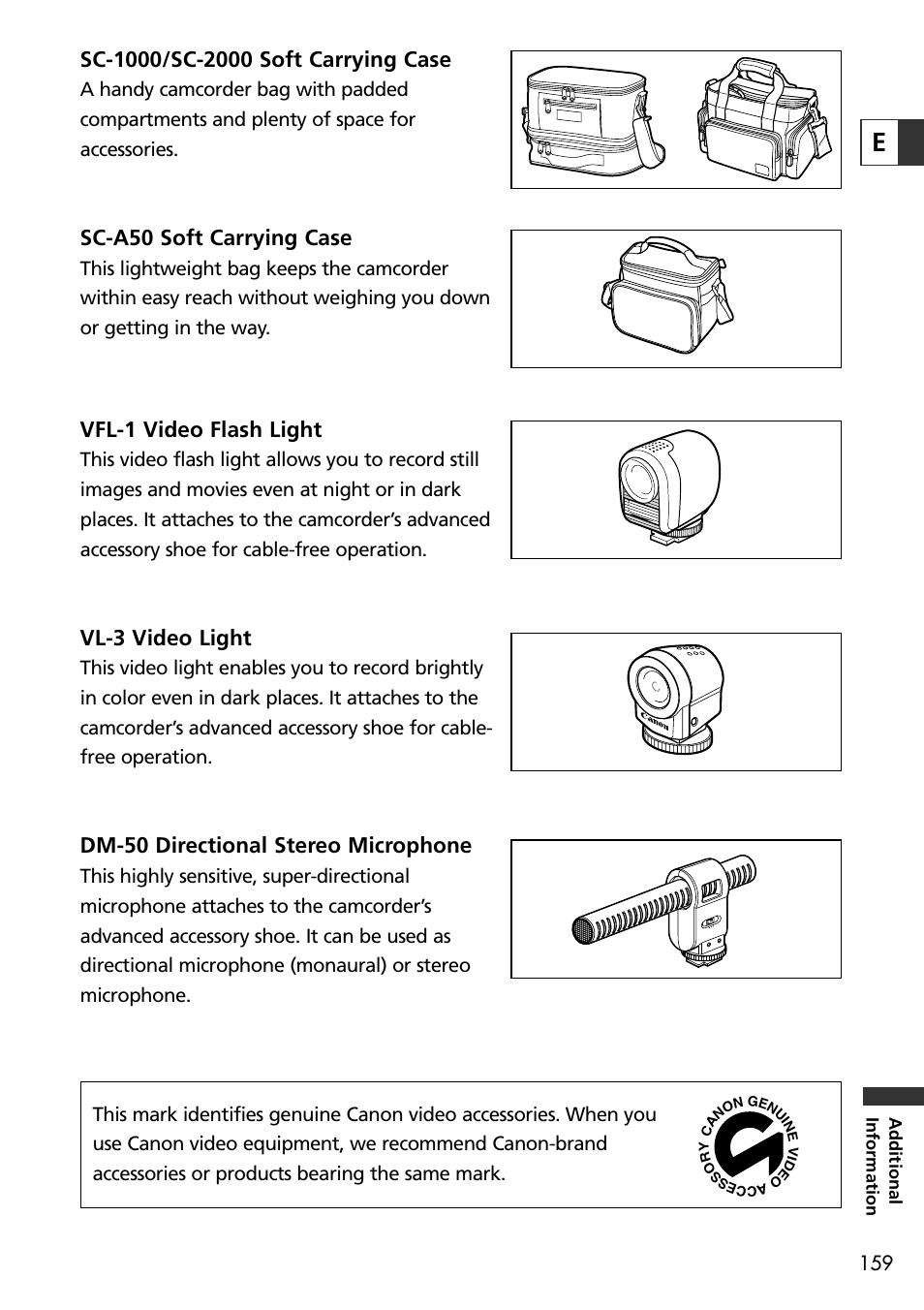 Sc-a50 soft carrying case, Vfl-1 video flash light, Vl-3 video light | Dm-50 directional stereo microphone | U-Line 30 User Manual | Page 159 / 166