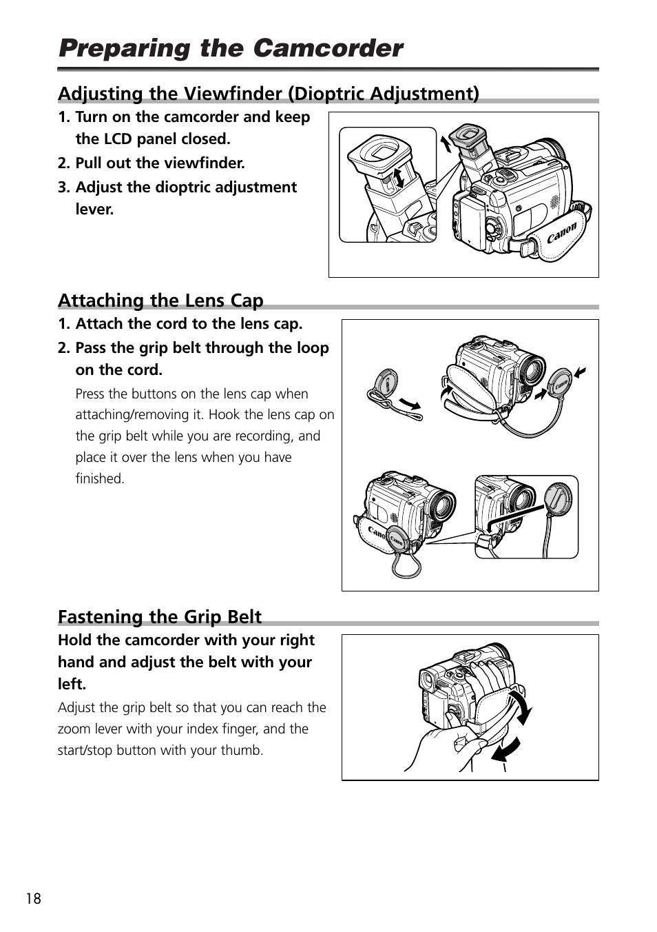 Preparing the camcorder, Adjusting the viewfinder (dioptric adjustment), Attaching the lens cap | Fastening the grip belt | U-Line 30 User Manual | Page 18 / 166