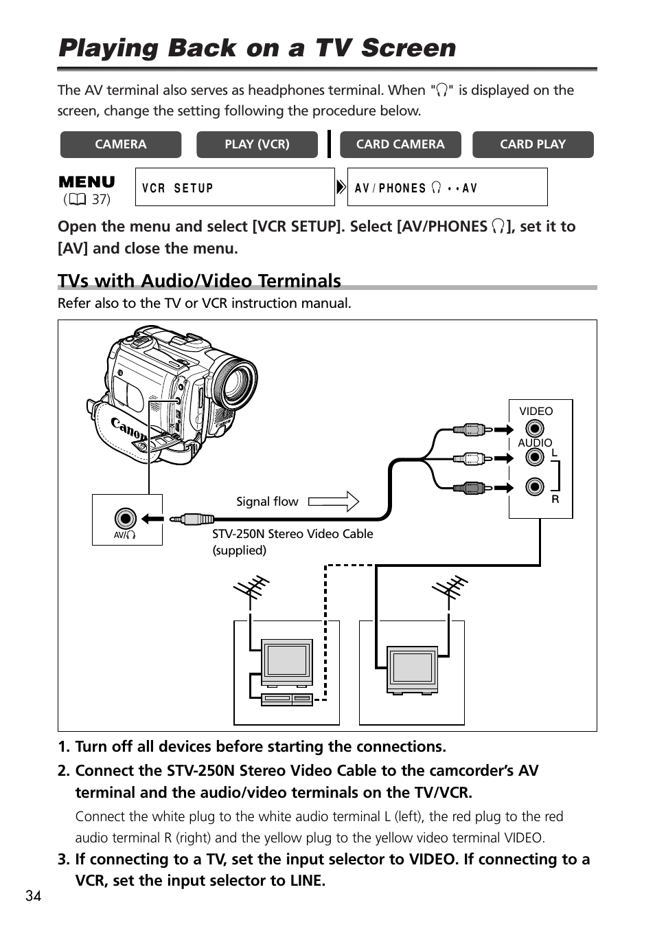 Playing back on a tv screen, Tvs with audio/video terminals | U-Line 30 User Manual | Page 34 / 166