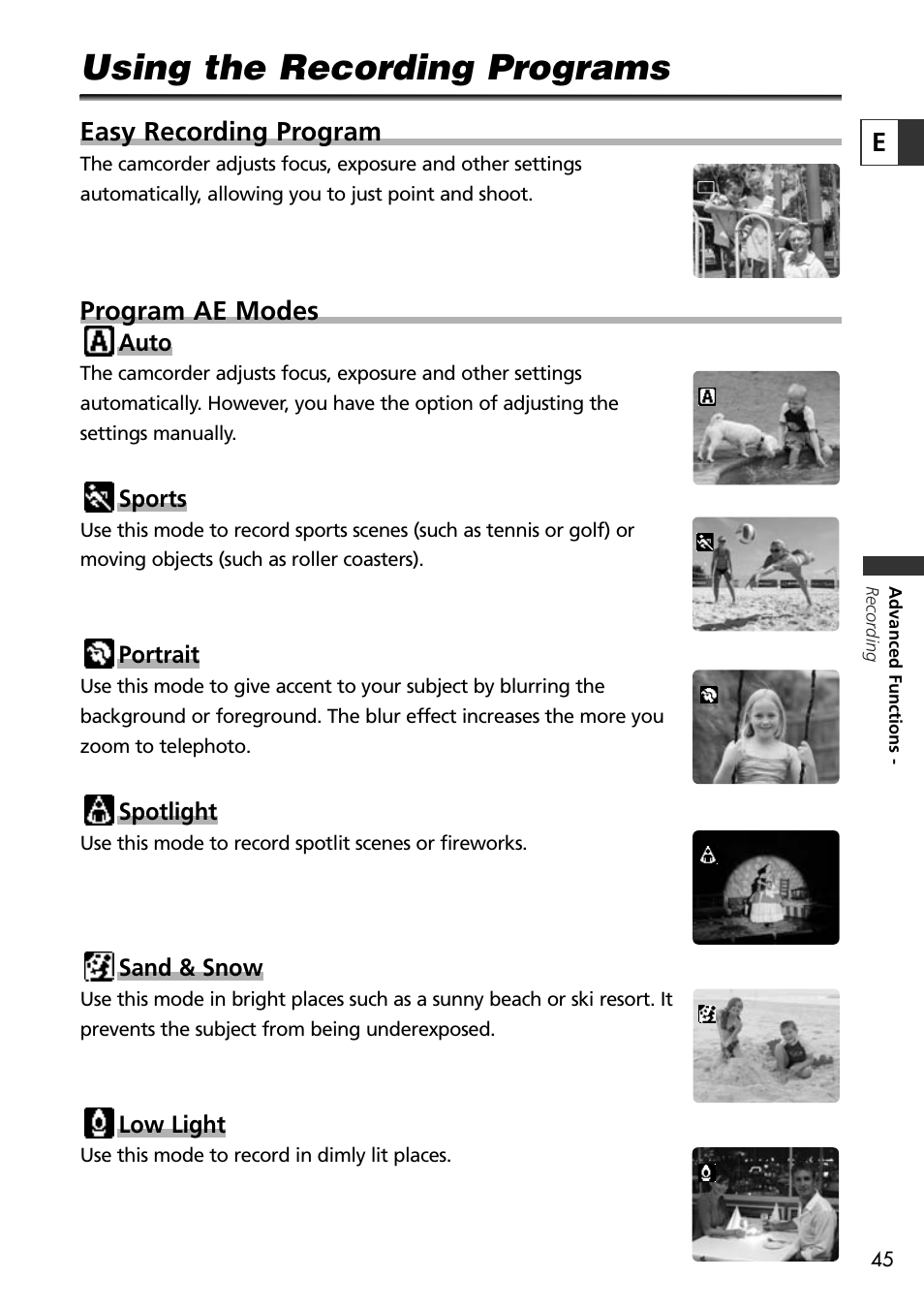 Using the recording programs, Easy recording program, Program ae modes | U-Line 30 User Manual | Page 45 / 166