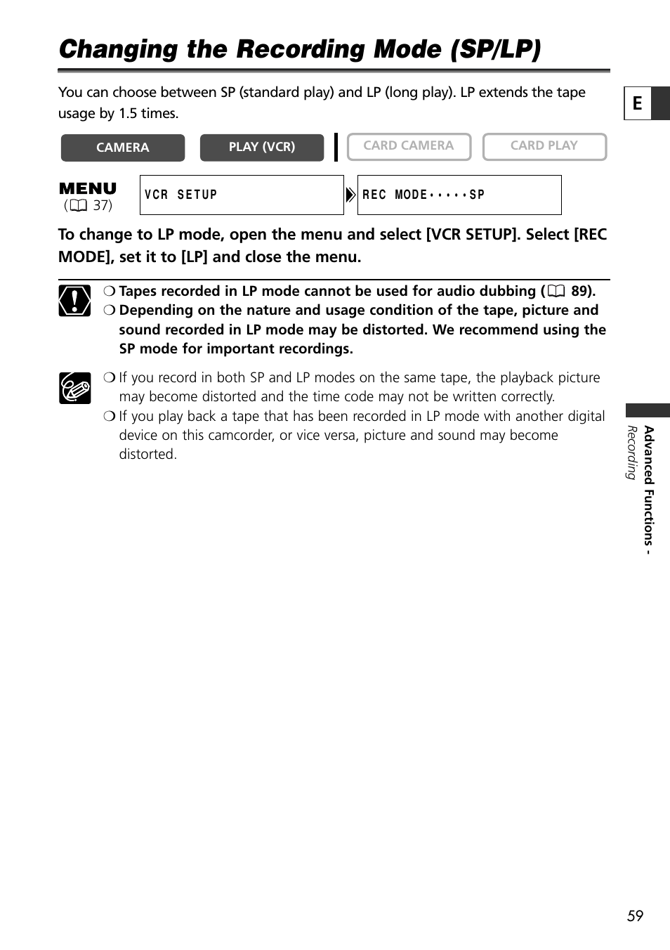 Changing the recording mode (sp/lp) | U-Line 30 User Manual | Page 59 / 166