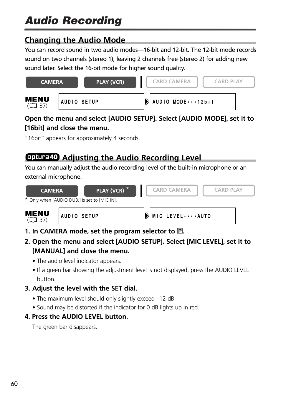 Audio recording, Changing the audio mode, Adjusting the audio recording level | U-Line 30 User Manual | Page 60 / 166