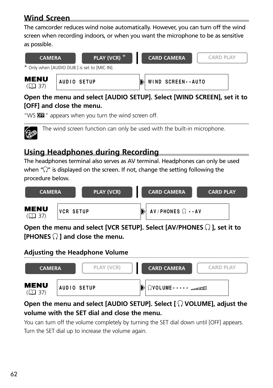Wind screen, Using headphones during recording | U-Line 30 User Manual | Page 62 / 166