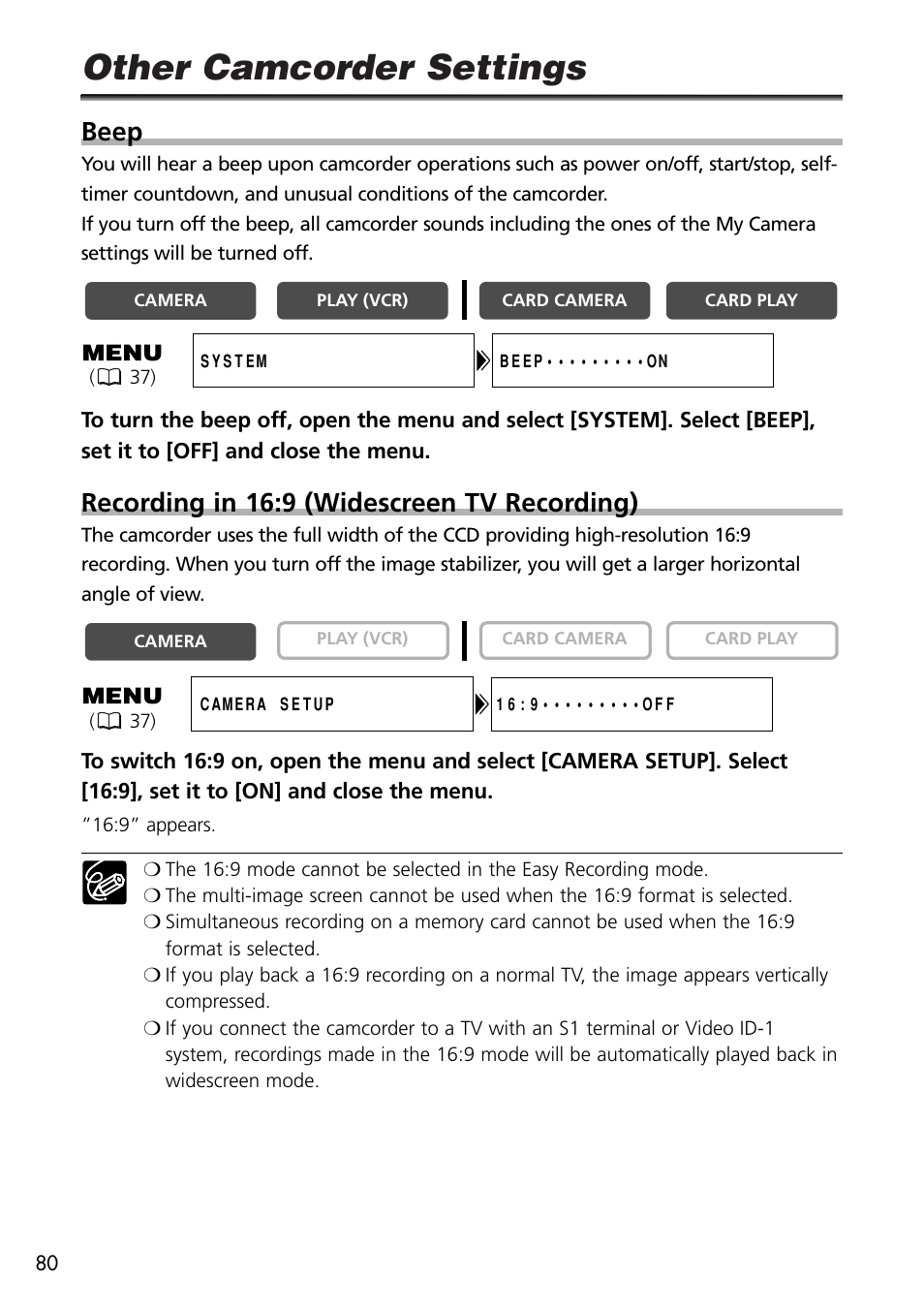 Other camcorder settings, Beep, Recording in 16:9 (widescreen tv recording) | U-Line 30 User Manual | Page 80 / 166