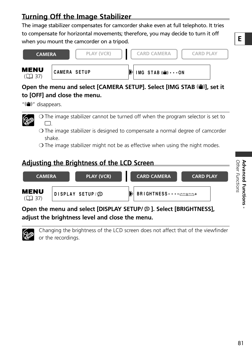Eturning off the image stabilizer, Adjusting the brightness of the lcd screen | U-Line 30 User Manual | Page 81 / 166