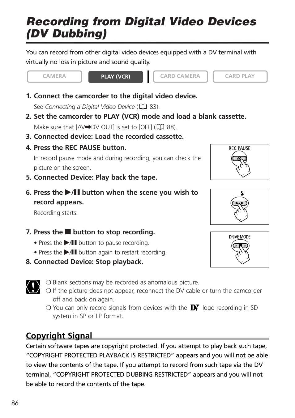 Recording from digital video devices (dv dubbing), Copyright signal | U-Line 30 User Manual | Page 86 / 166