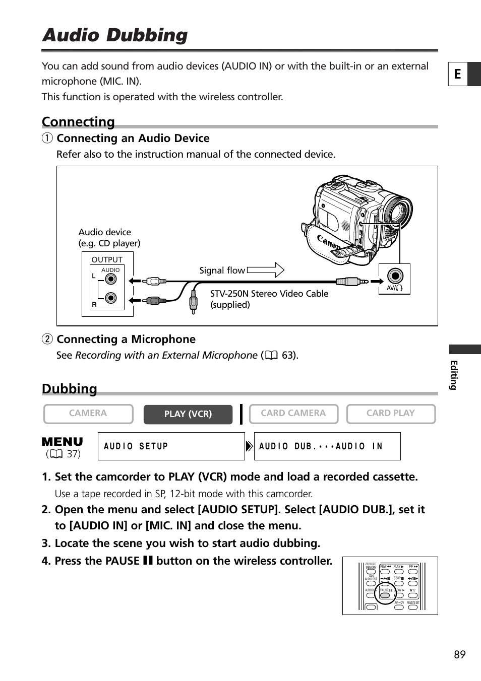Audio dubbing, Connecting, Dubbing | Q connecting an audio device, W connecting a microphone, See recording with an external microphone ( 63) | U-Line 30 User Manual | Page 89 / 166