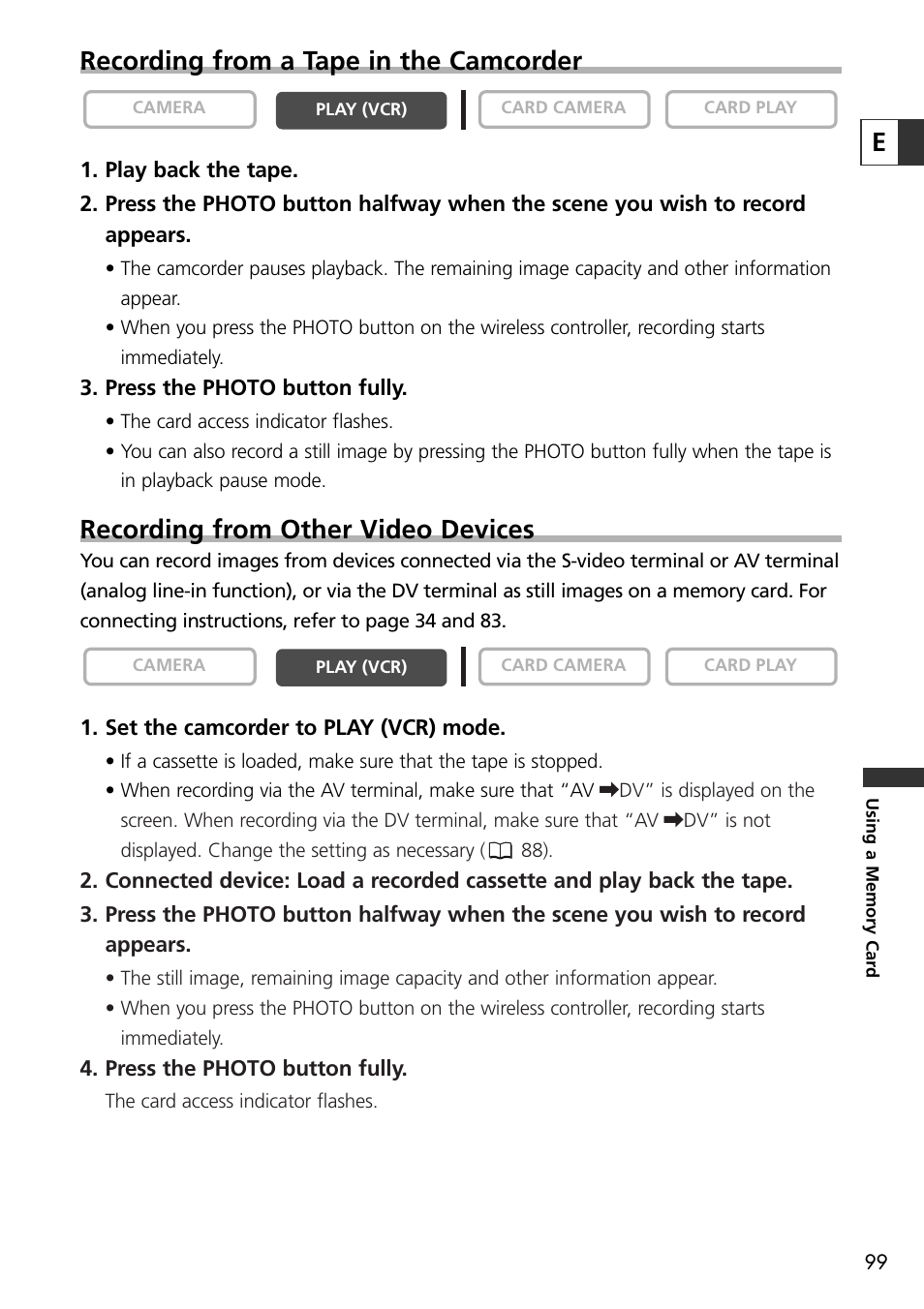 Erecording from a tape in the camcorder, Recording from other video devices | U-Line 30 User Manual | Page 99 / 166