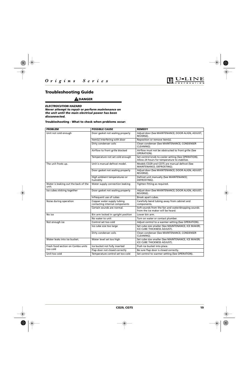 Troubleshooting guide | U-Line CO75 User Manual | Page 19 / 24
