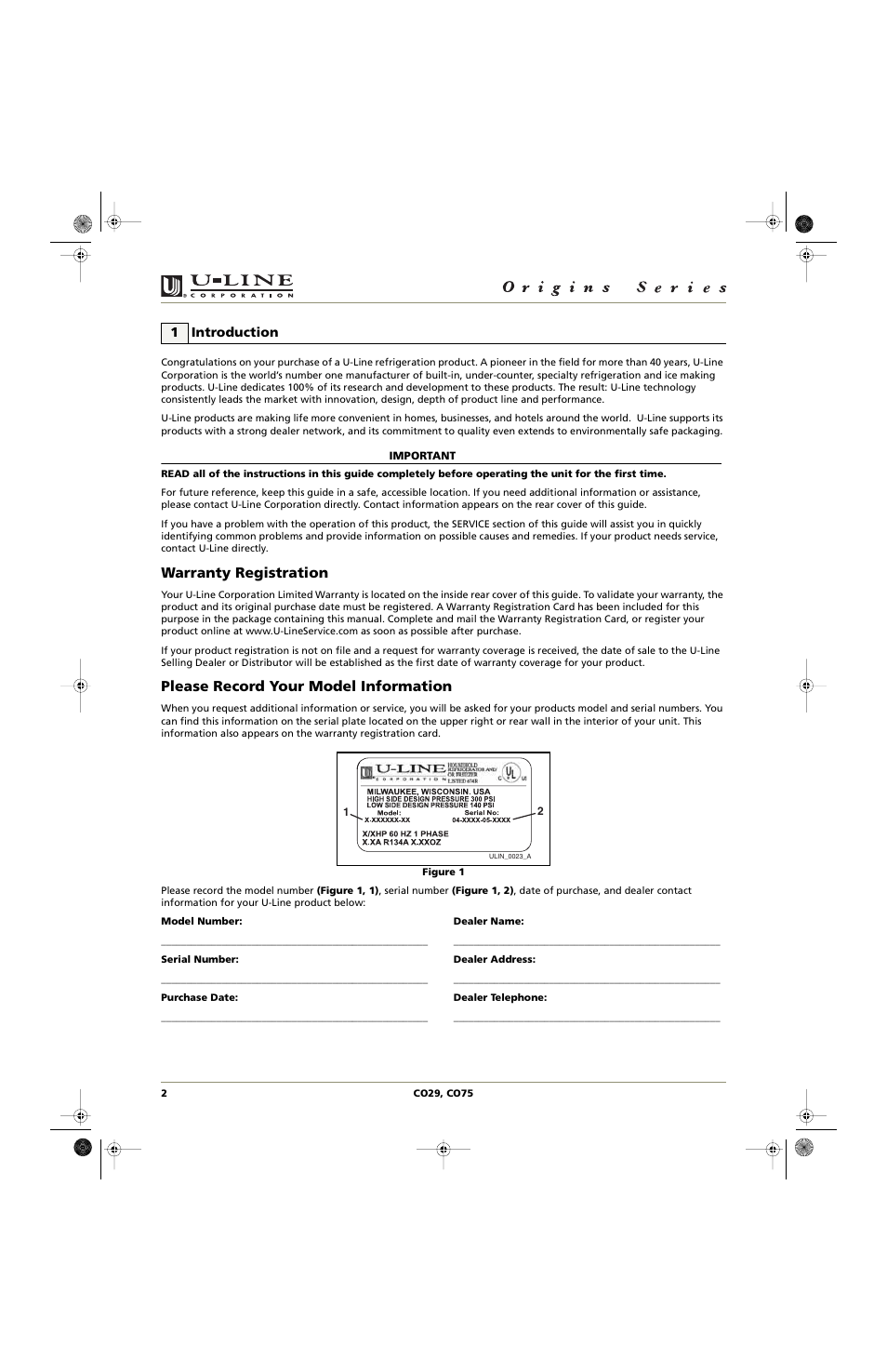 Warranty registration, Please record your model information, 1introduction | U-Line CO75 User Manual | Page 2 / 24