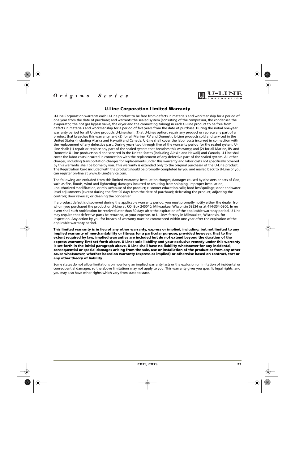 U-line corporation limited warranty | U-Line CO75 User Manual | Page 23 / 24