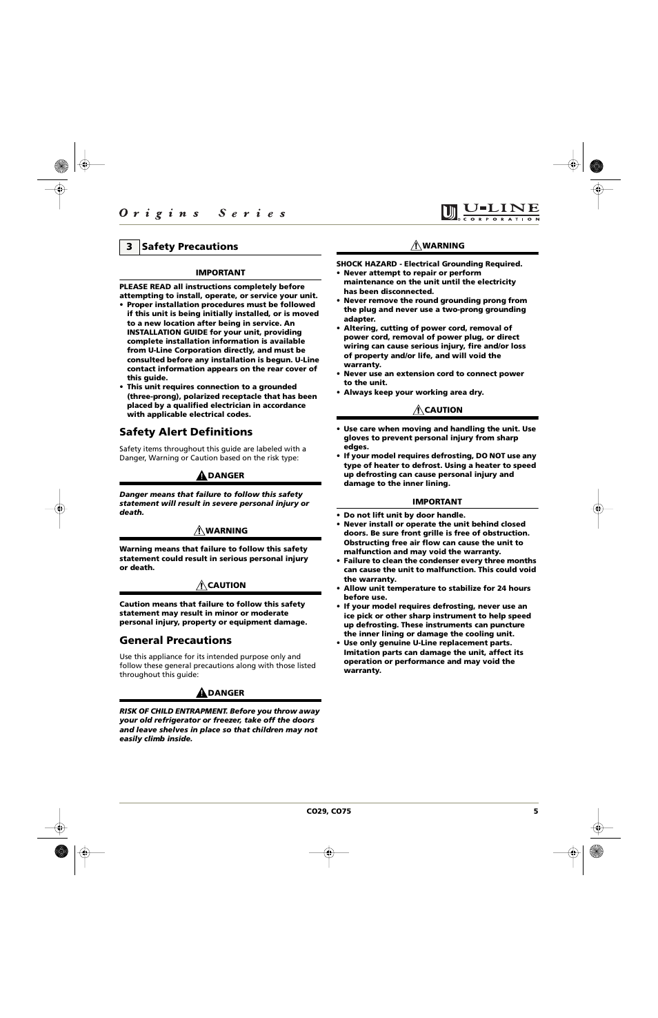 Safety alert definitions, General precautions, 3safety precautions | U-Line CO75 User Manual | Page 5 / 24