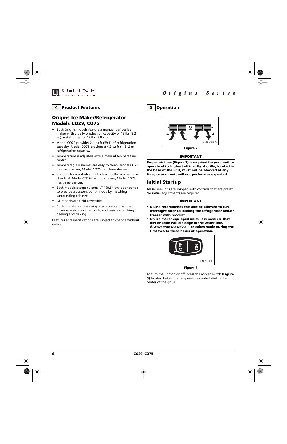 Origins ice maker/refrigerator models co29, co75, Initial startup | U-Line CO75 User Manual | Page 6 / 24