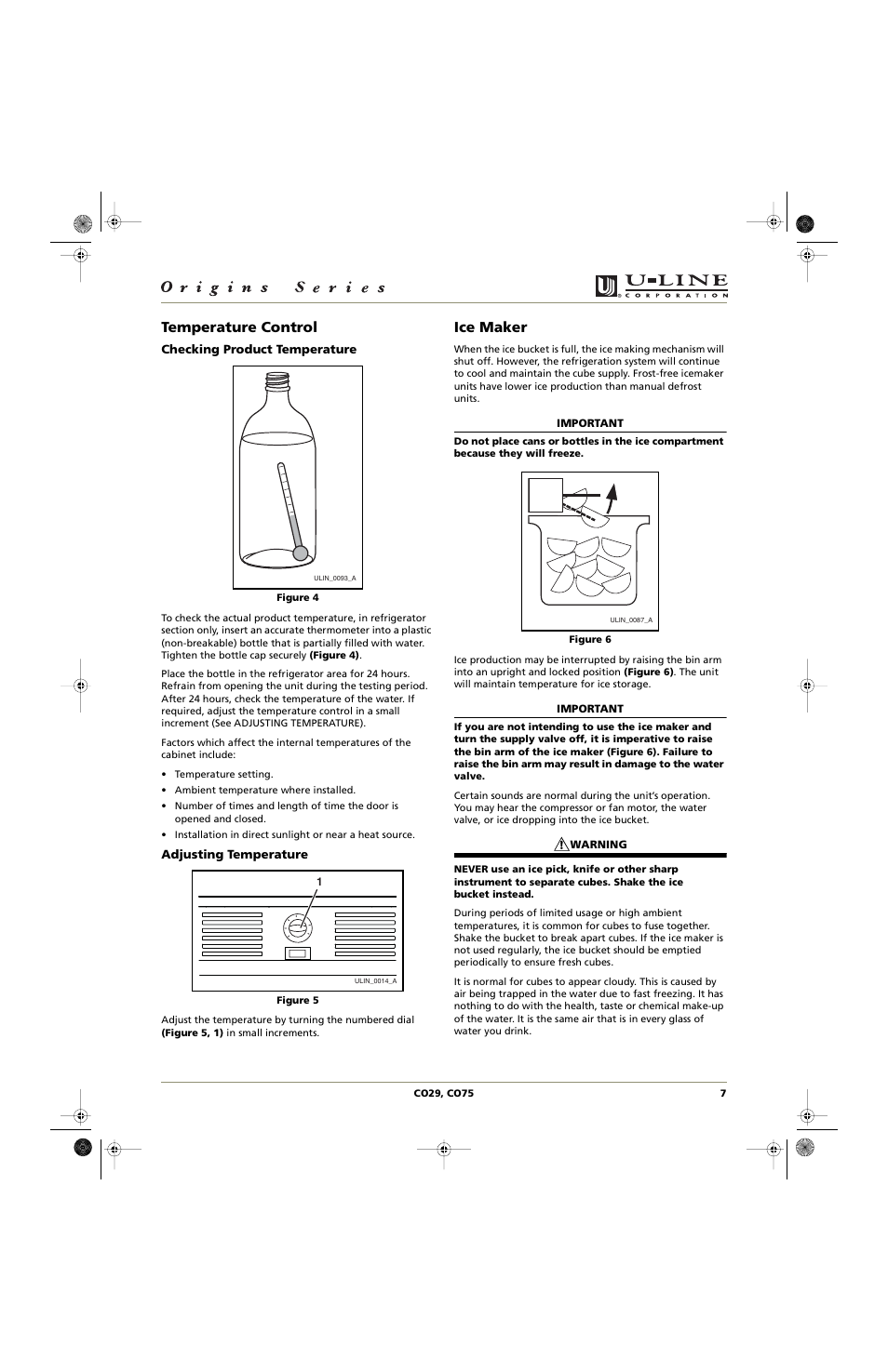 Temperature control, Ice maker | U-Line CO75 User Manual | Page 7 / 24