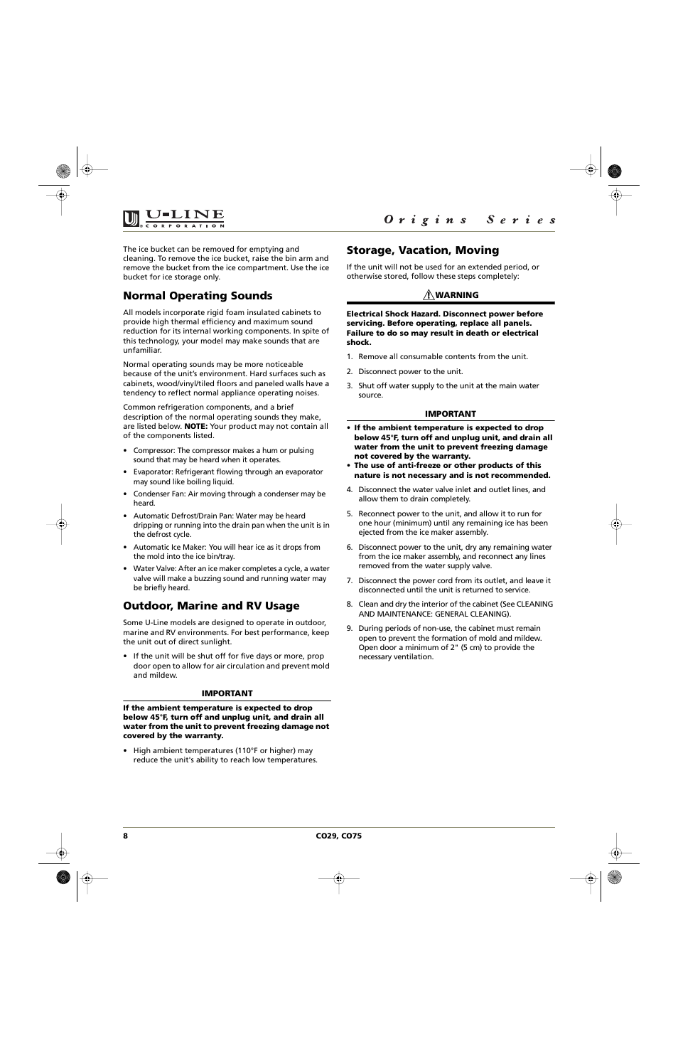 Normal operating sounds, Outdoor, marine and rv usage, Storage, vacation, moving | U-Line CO75 User Manual | Page 8 / 24