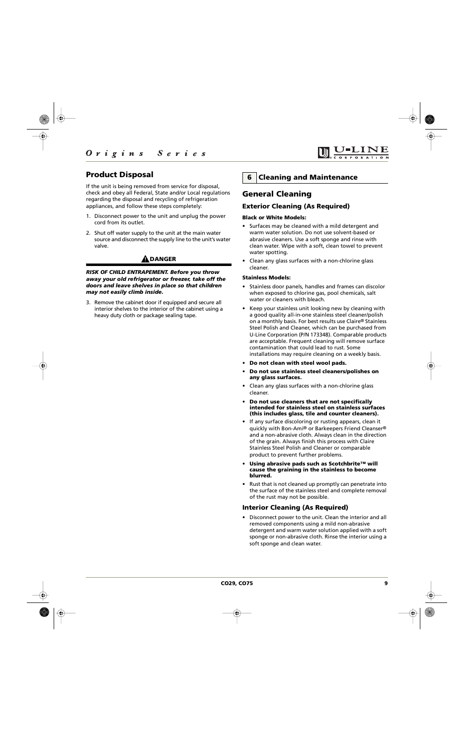 Product disposal, General cleaning, 6cleaning and maintenance | U-Line CO75 User Manual | Page 9 / 24