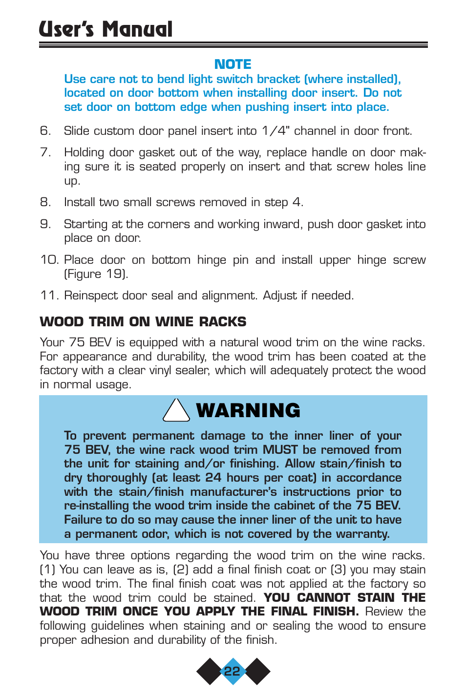 User’s manual, Warning | U-Line 75 User Manual | Page 24 / 56