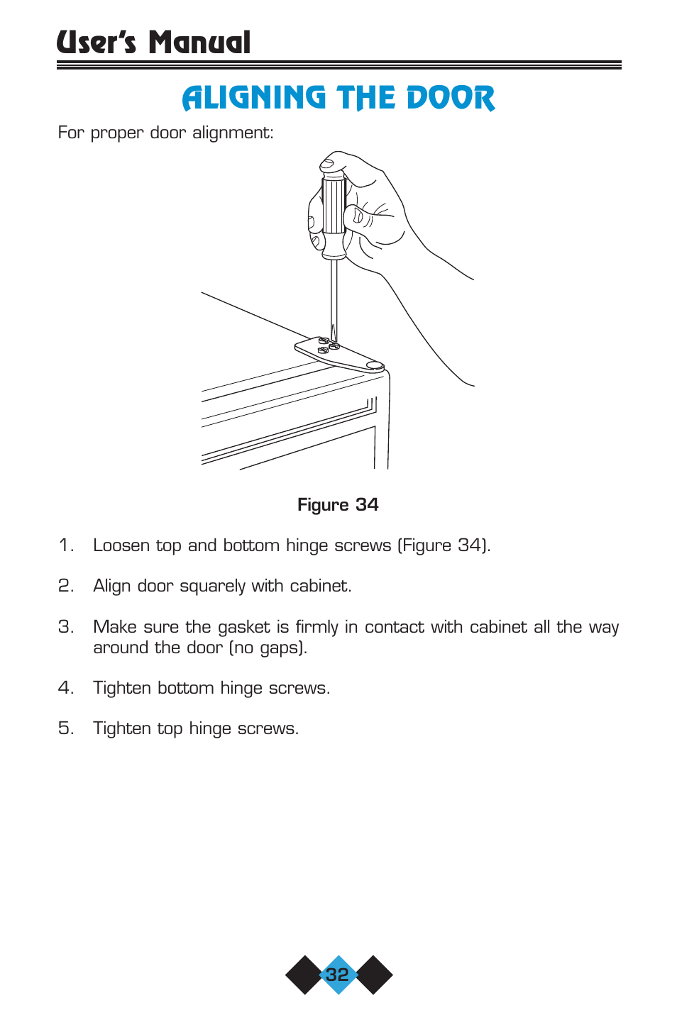 Aligning the door, User’s manual | U-Line 75 User Manual | Page 34 / 56