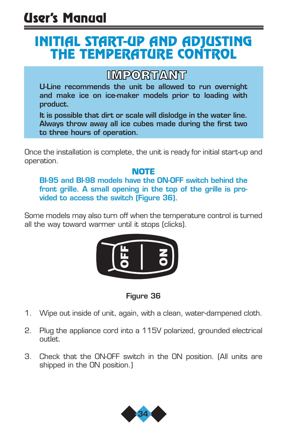 Initial start-up and adjusting the, Temperature control, Off on | U-Line 75 User Manual | Page 36 / 56