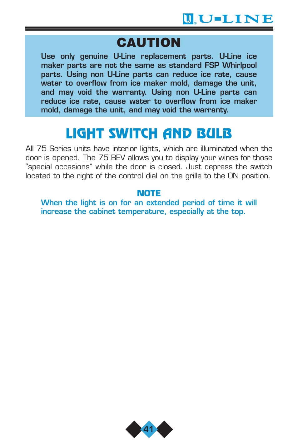 Light switch and bulb, Caution | U-Line 75 User Manual | Page 43 / 56