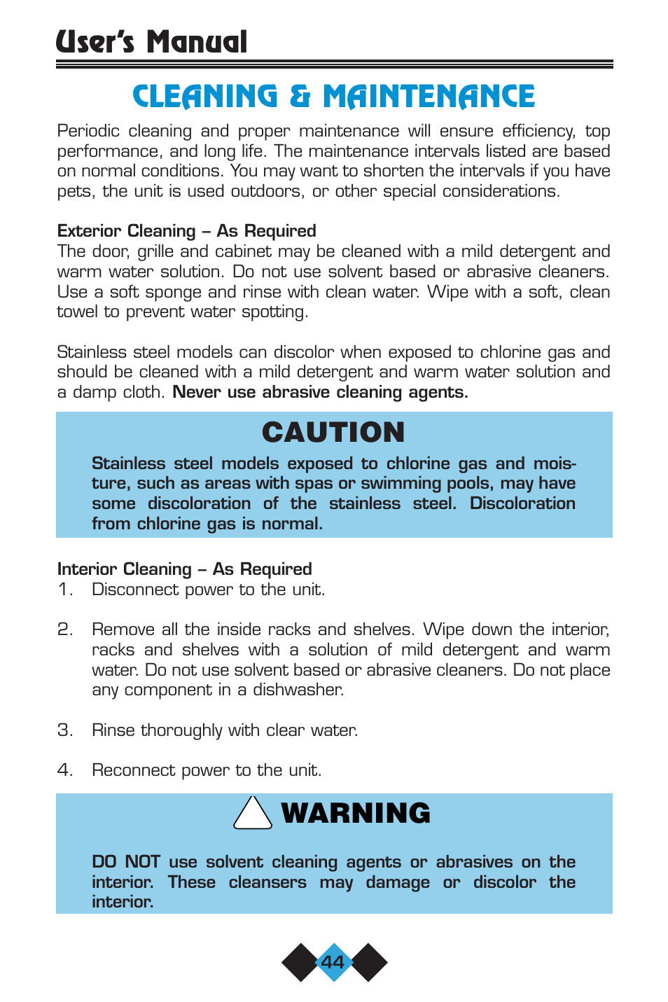 Cleaning & maintenance, User’s manual cleaning & maintenance, Caution | Warning | U-Line 75 User Manual | Page 46 / 56