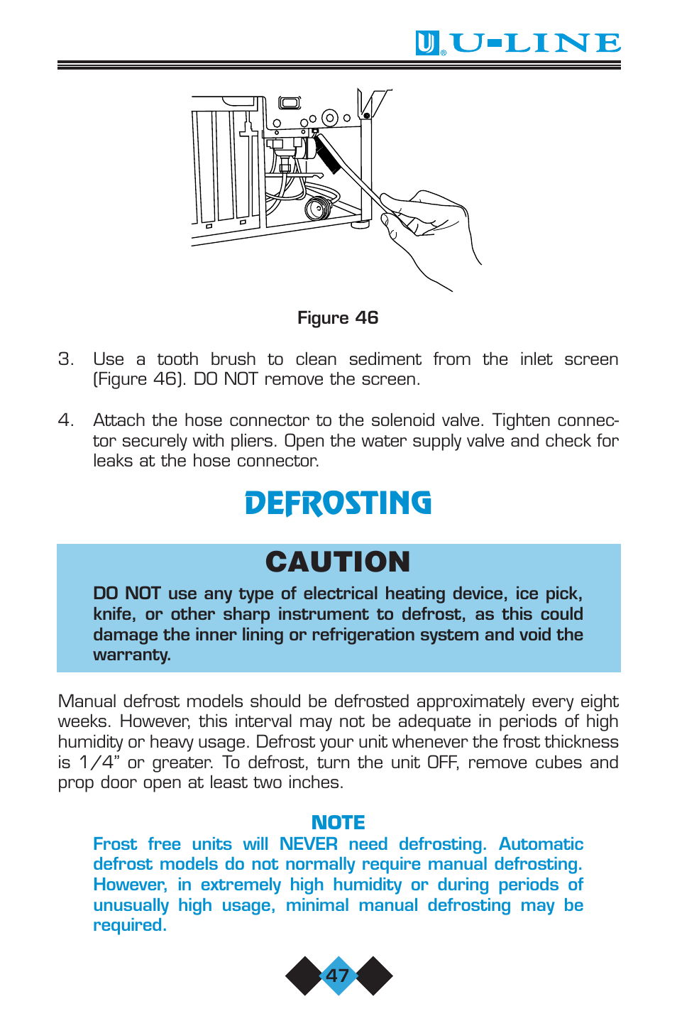 Defrosting, Defrosting caution | U-Line 75 User Manual | Page 49 / 56