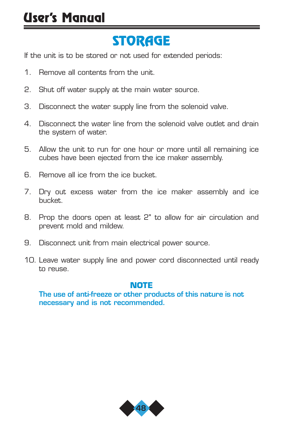 Storage, User’s manual storage | U-Line 75 User Manual | Page 50 / 56