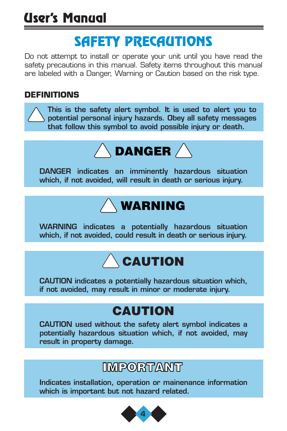 Safety precautions, Caution, Warning danger | User’s manual | U-Line 75 User Manual | Page 6 / 56