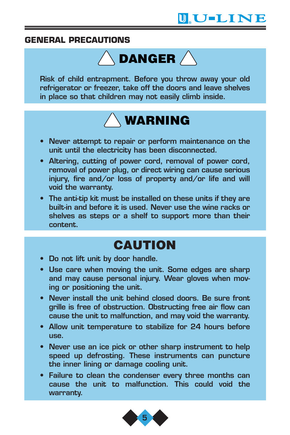 Caution, Warning danger | U-Line 75 User Manual | Page 7 / 56