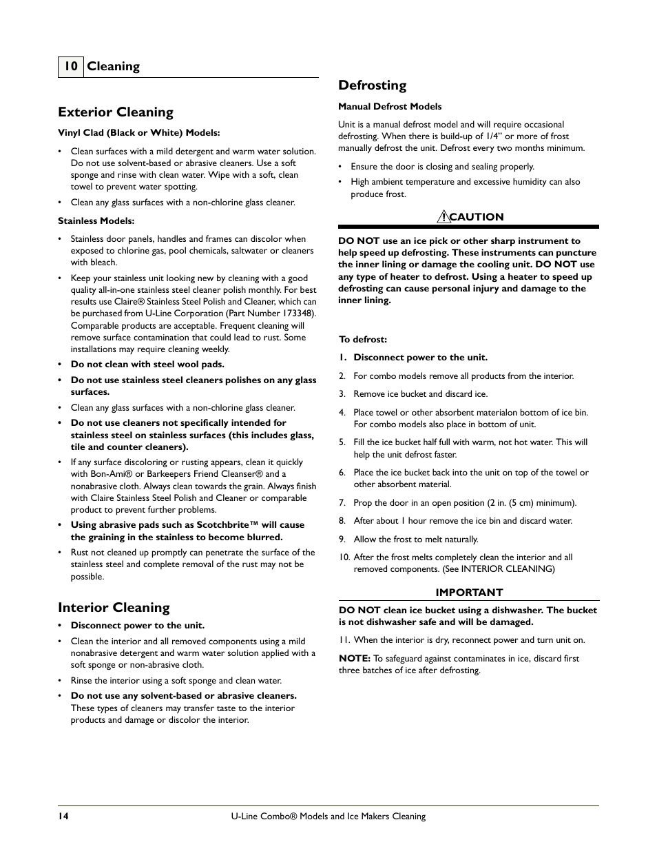 Exterior cleaning, Interior cleaning, Defrosting | 10 cleaning | U-Line COMBO B198 User Manual | Page 16 / 20