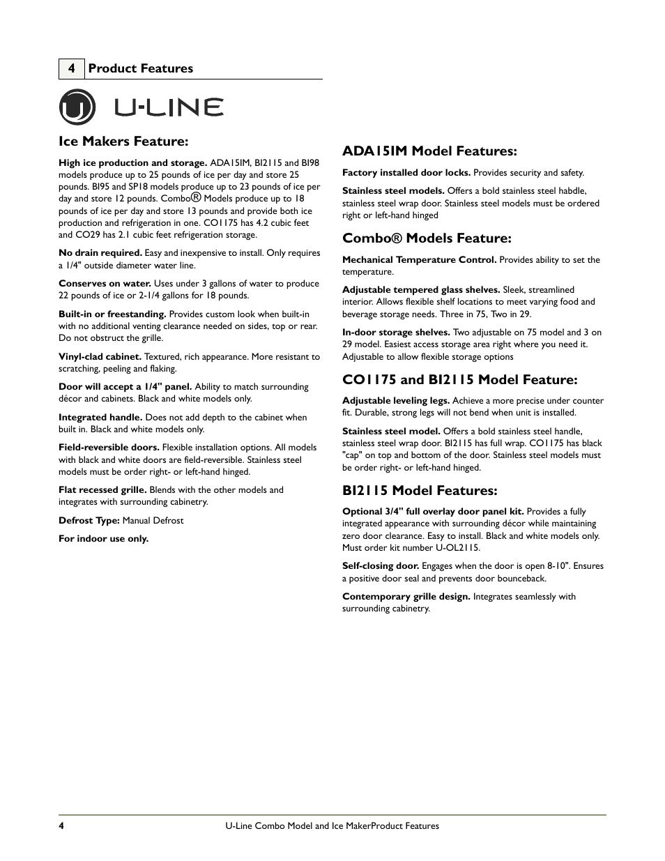 Ice makers feature, Ada15im model features, Combo® models feature | Bi2115 model features | U-Line COMBO B198 User Manual | Page 6 / 20