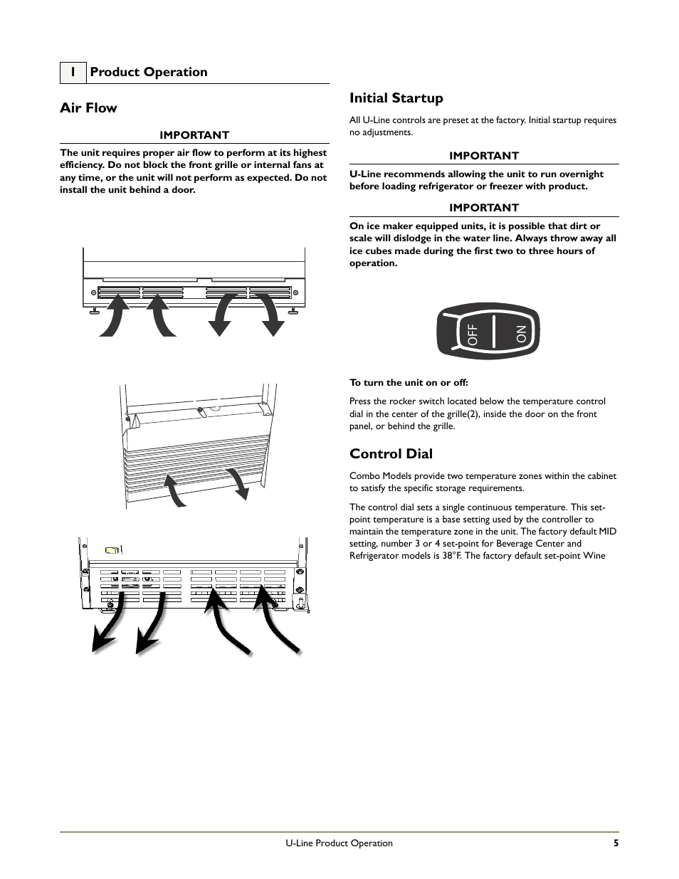 Air flow, Initial startup, Control dial | U-Line COMBO B198 User Manual | Page 7 / 20
