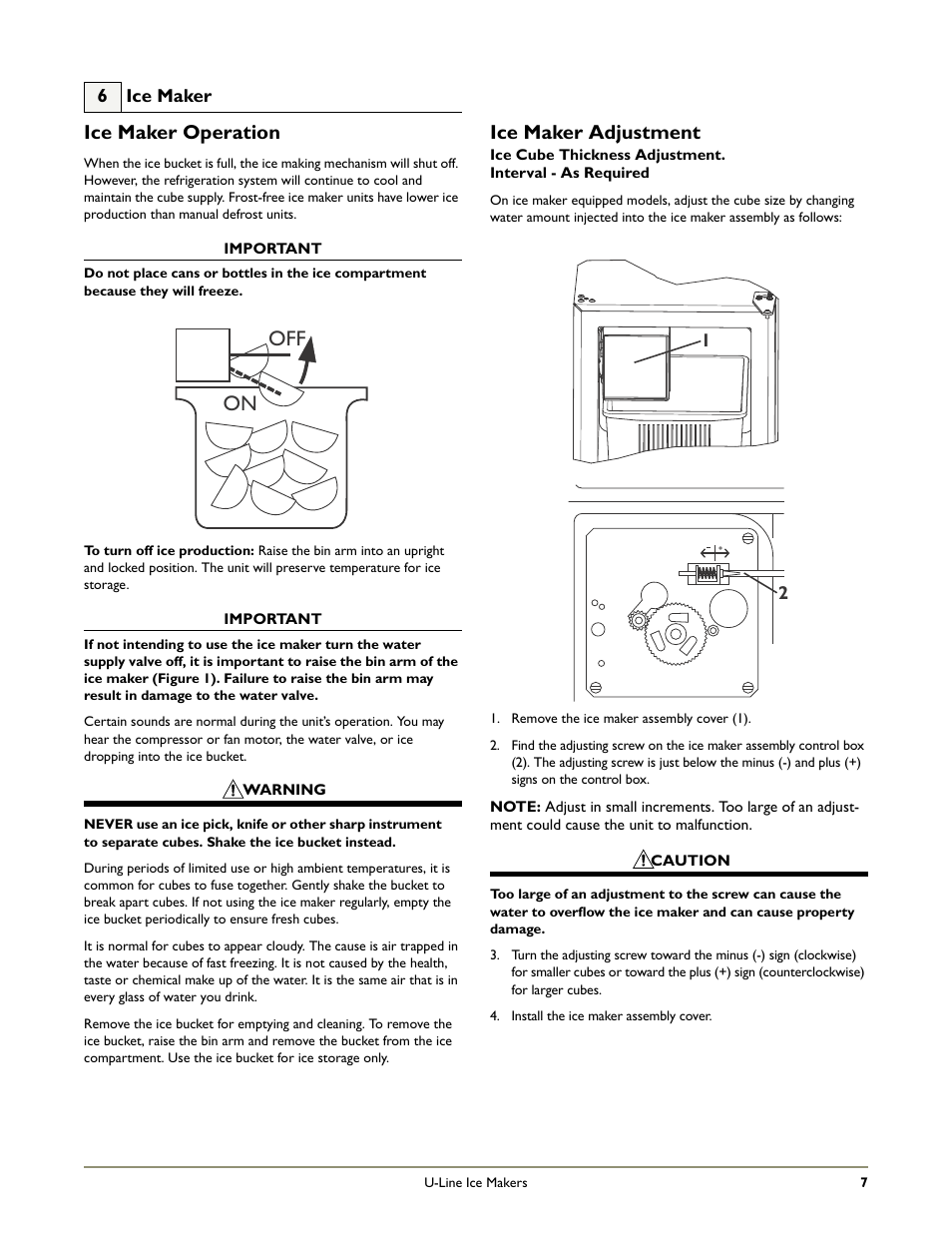 Off on, Ice maker adjustment, Ice maker operation | U-Line COMBO B198 User Manual | Page 9 / 20