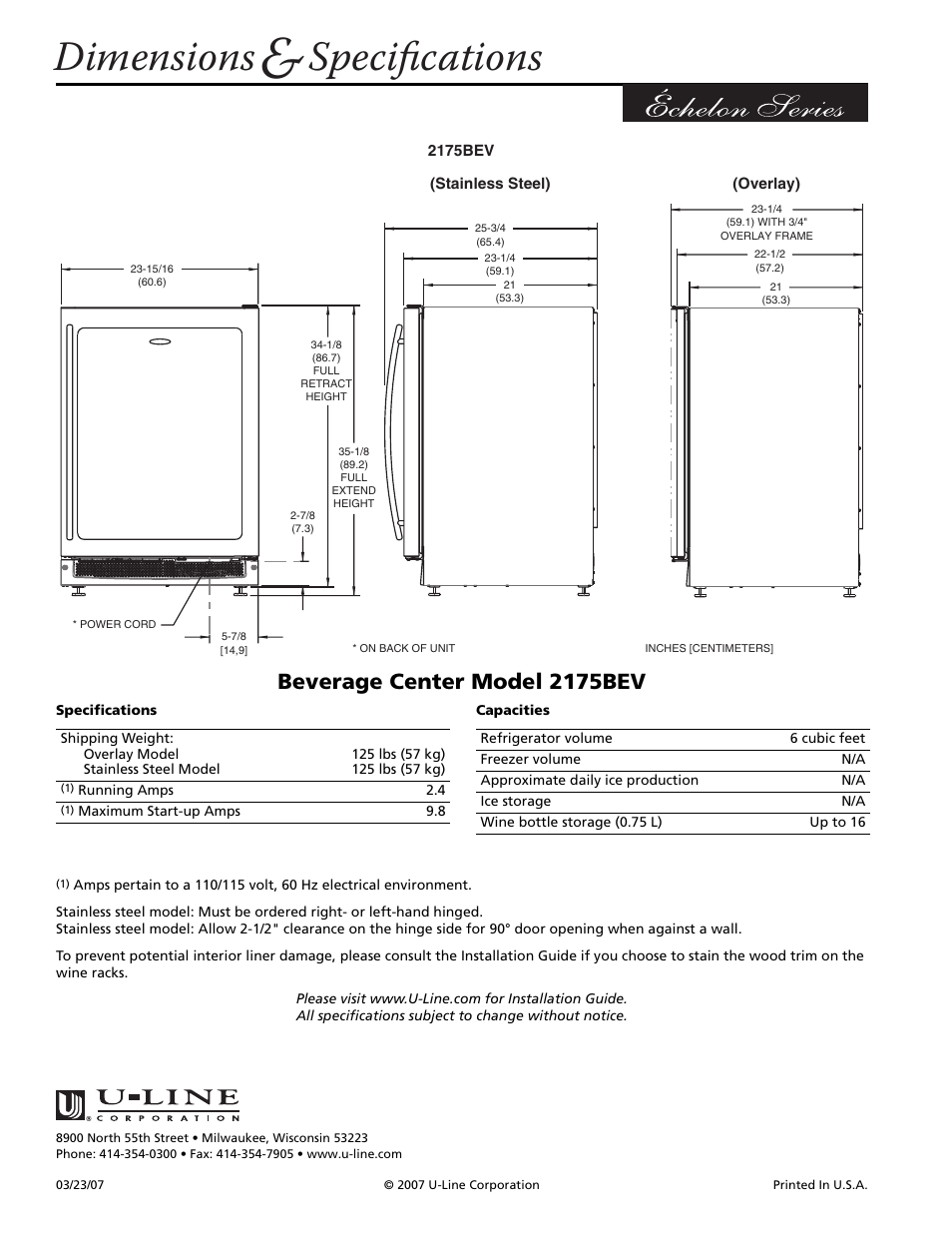 Dimensions, Specifications, Beverage center model 2175bev | U-Line 2175BEV User Manual | Page 2 / 2