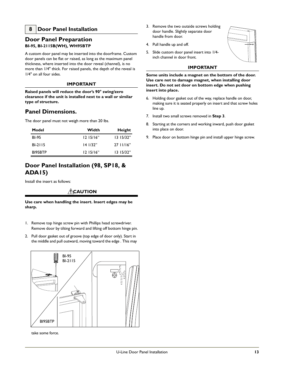 Door panel preparation, Panel dimensions | U-Line WH95 User Manual | Page 14 / 19