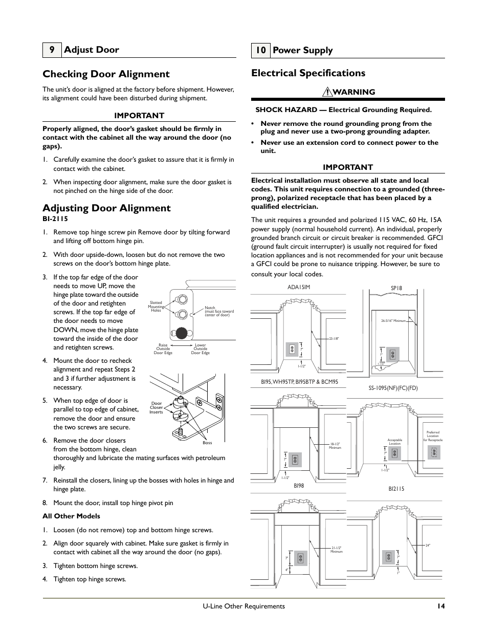 Electrical specifications, Checking door alignment, Adjusting door alignment | 10 power supply, 9 adjust door, Warning, Important | U-Line WH95 User Manual | Page 15 / 19