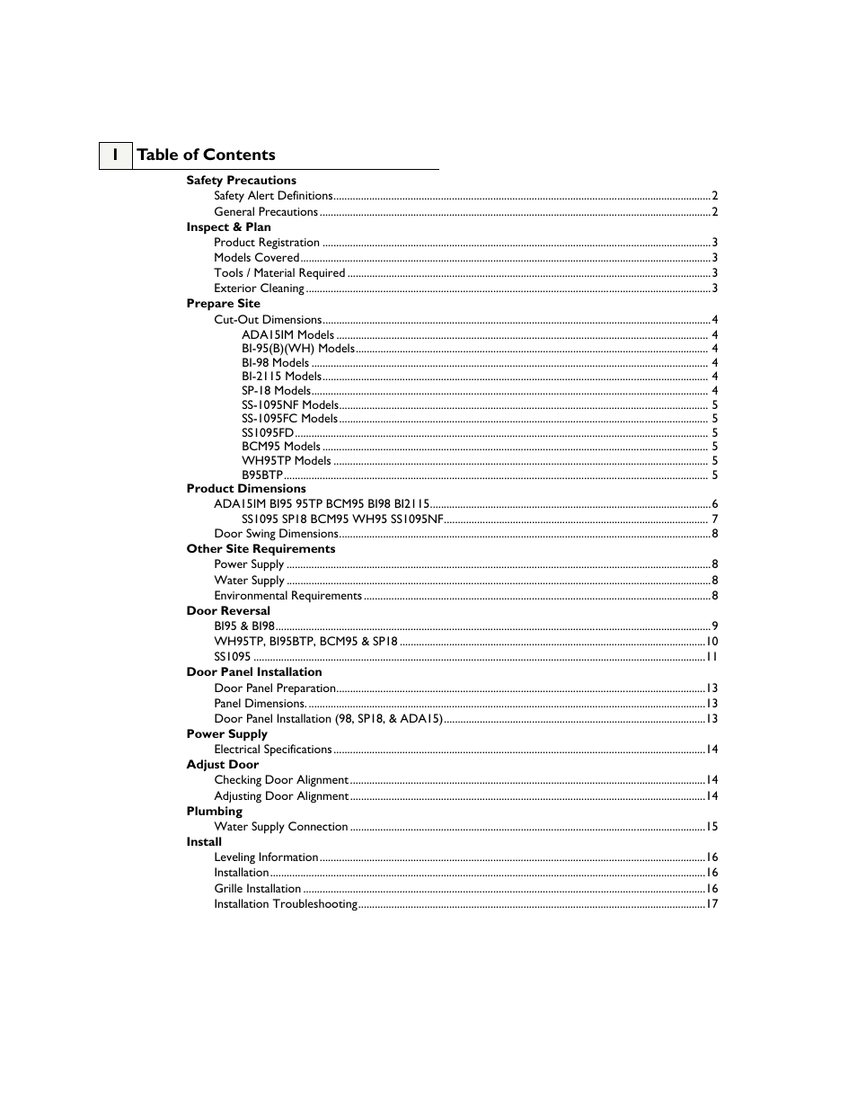 1 table of contents | U-Line WH95 User Manual | Page 2 / 19