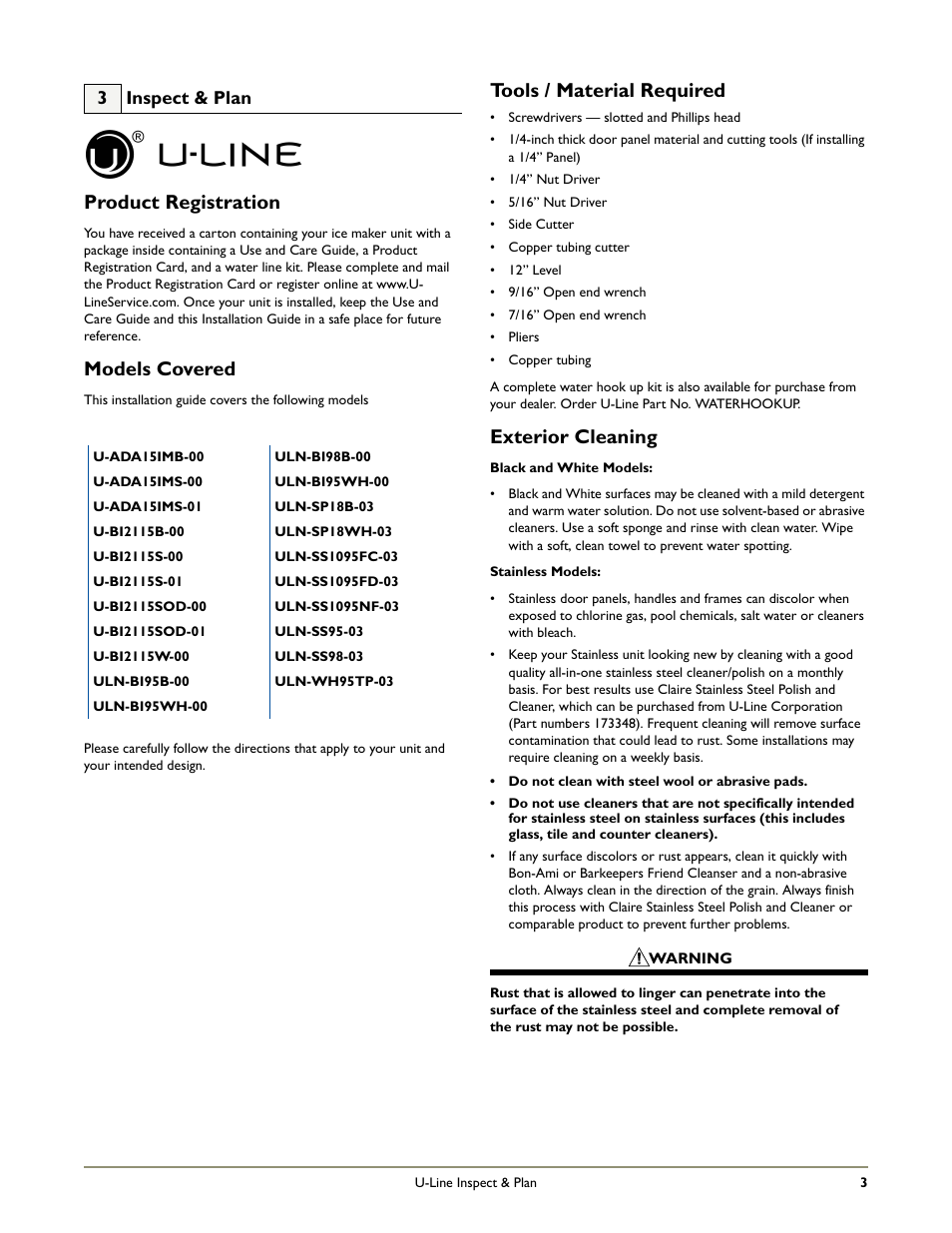 Product registration, Models covered, Tools / material required | Exterior cleaning | U-Line WH95 User Manual | Page 4 / 19