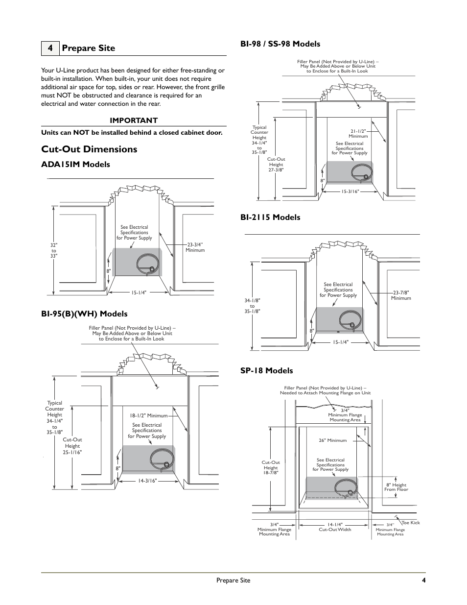 Cut-out dimensions, 4 prepare site, Important | U-Line WH95 User Manual | Page 5 / 19