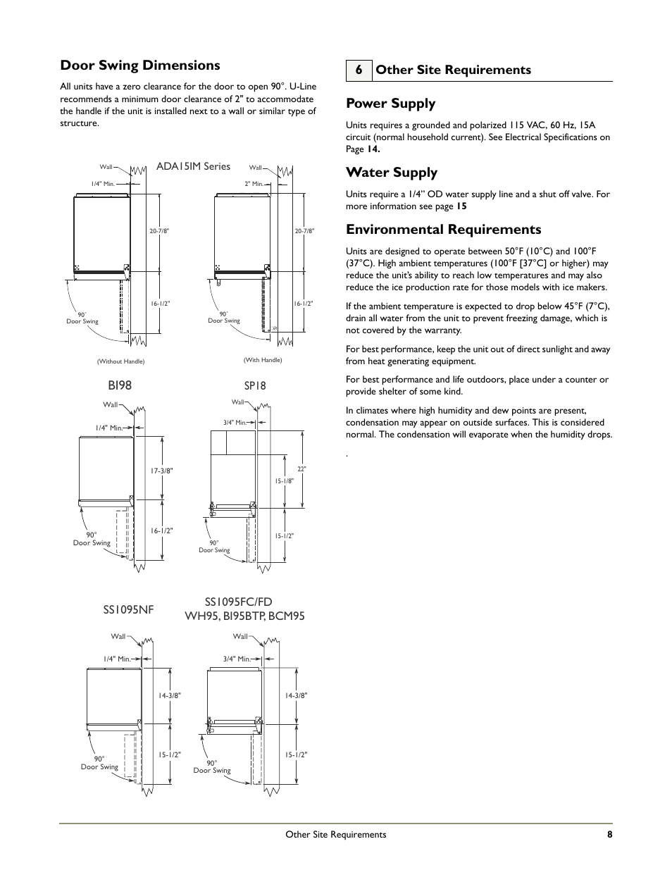 Door swing dimensions, Power supply, Water supply | Environmental requirements, 6 other site requirements, Bi98, Sp18 | U-Line WH95 User Manual | Page 9 / 19