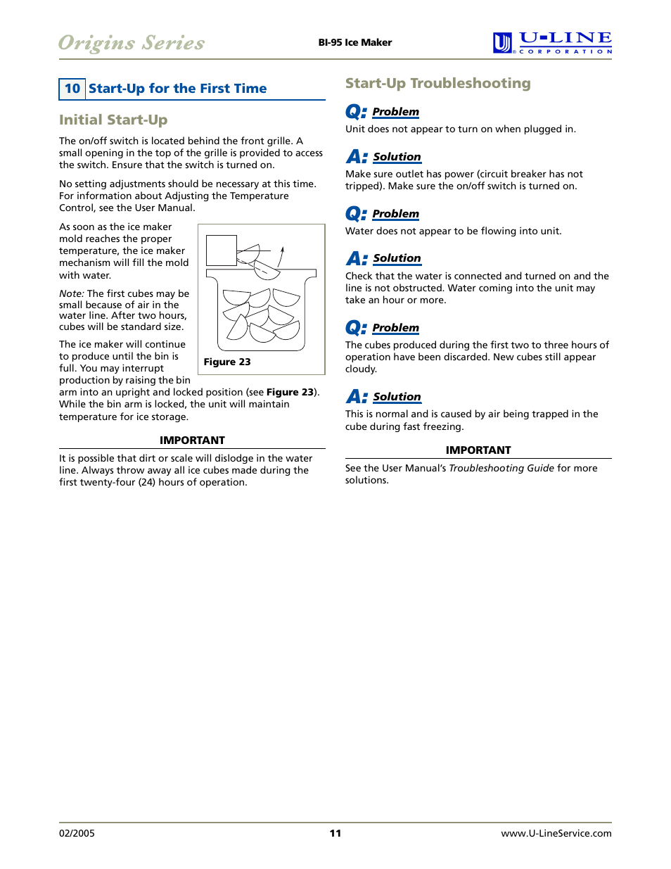 Initial start-up, Start-up troubleshooting | U-Line BI-95 User Manual | Page 11 / 12