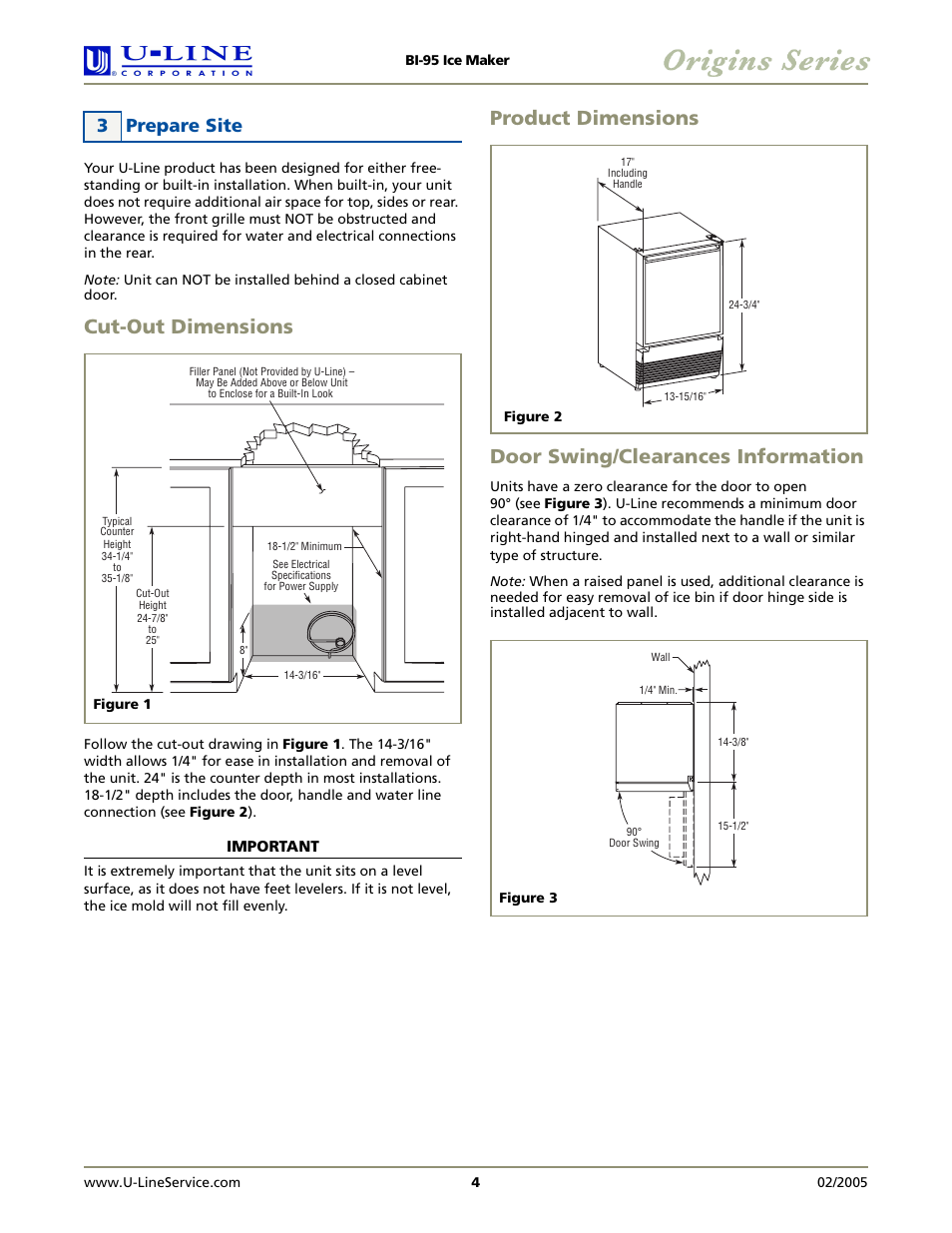 Cut-out dimensions, Product dimensions, Door swing/clearances information | 3 prepare site | U-Line BI-95 User Manual | Page 4 / 12