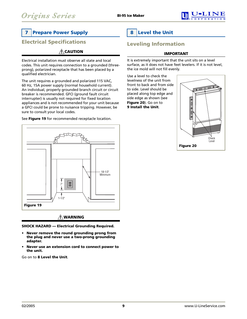 Electrical specifications, Leveling information, 7 prepare power supply | 8 level the unit | U-Line BI-95 User Manual | Page 9 / 12