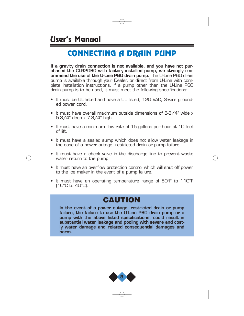 Connecting a drain pump, Caution, User’s manual | U-Line CLR2060 User Manual | Page 10 / 44
