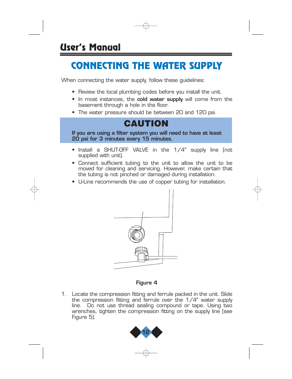Connecting the water supply, User’s manual connecting the water supply, Caution | U-Line CLR2060 User Manual | Page 14 / 44