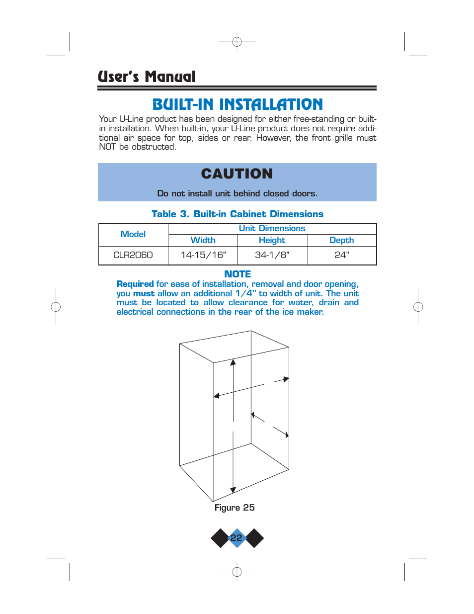 Built-in installation, User’s manual built-in installation, Caution | U-Line CLR2060 User Manual | Page 24 / 44